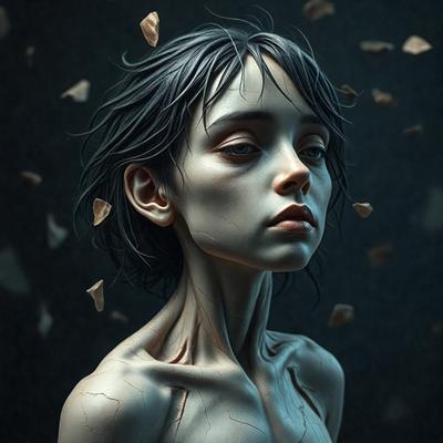 The primary subject of the image is a young girl with a pale complexion. She is looking at the camera with a somewhat sad expression. The setting is a dark room, and the visual style appears to be a digital art or illustration. The colors in the image are predominantly dark, with the girl's skin being the most prominent color. The overall atmosphere of the image is somewhat eerie and mysterious.